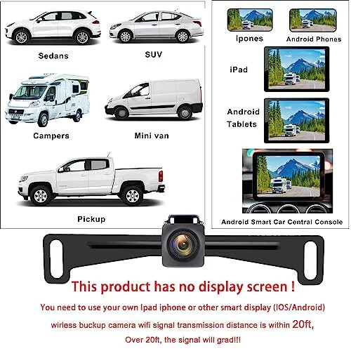 YEOIZO WiFi License Plate Wireless Backup Camera, 720P HD Back up Camera Systems for car, Front/Rear View Reverse Camera, 160° View Angle for Cars SUV Pickup Trailer RV Camper for iPhone iPad Android - YEOIZO