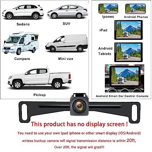 YEOIZO Wireless License Plate Backup Camera for Car/SUV - No Drilling WiFi HD 160° View, Waterproof Reverse/Rear View Camera with Real-Time Signal, Compatible iPhone/Android/iPad (Parking/Hitch Aid) - YEOIZO