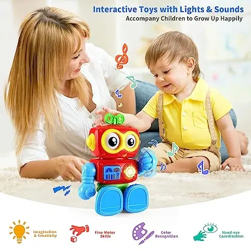 Yerloa 1 yoshli o'g'il bolalar uchun mo'ljallangan robot o'yinchoqlari Rojdestvo paypoqlari, bir yoshli o'g'il bolalar uchun tug'ilgan kun sovg'asi, 12-18 oylik chaqaloq o'g'il bolalar o'yinchoqlari 12M musiqa yoritgichi interaktiv o'rganuvchi bolalar o'yinchoqlari 2 yoshli - 4