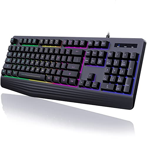 Yesbeaut Gaming Keyboard, 7-Color Rainbow LED Backlit, 104 Keys Quiet Light Up Keyboard, Wrist Rest, Whisper Silent, Anti-ghosting Multimedia Keys, Waterproof USB Wired Keyboard for PC Mac Xbox - 1