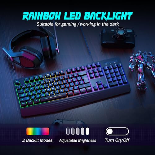 Yesbeaut Gaming Keyboard, 7-Color Rainbow LED Backlit, 104 Keys Quiet Light Up Keyboard, Wrist Rest, Whisper Silent, Anti-ghosting Multimedia Keys, Waterproof USB Wired Keyboard for PC Mac Xbox - 2