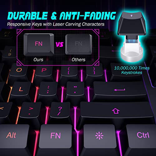 Yesbeaut Gaming Keyboard, 7-Color Rainbow LED Backlit, 104 Keys Quiet Light Up Keyboard, Wrist Rest, Whisper Silent, Anti-ghosting Multimedia Keys, Waterproof USB Wired Keyboard for PC Mac Xbox - 4