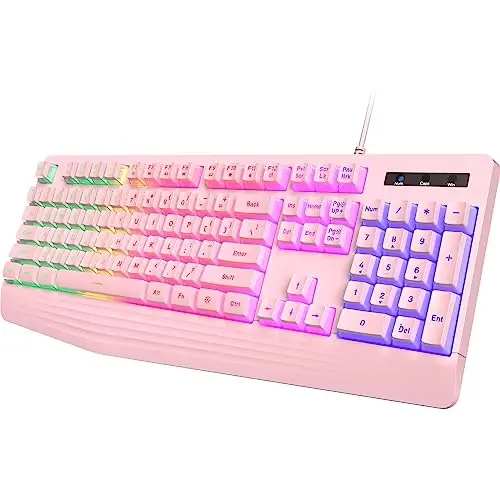 yesbeaut Pink Creamy Keyboard, Rainbow LED Backlit, 104 Keys Silent Light Up Gaming Keyboard with Wrist Rest, PBT Keycap, Anti-ghosting, Waterproof USB Wired Computer Keyboard for PC Mac Xbox - 1