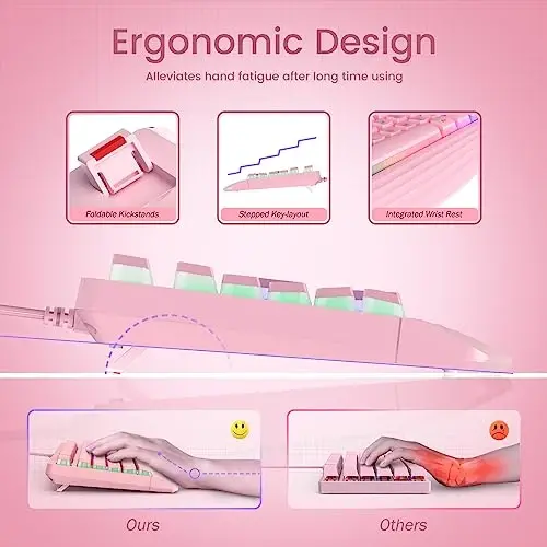 yesbeaut Pink Creamy Keyboard, Rainbow LED Backlit, 104 Keys Silent Light Up Gaming Keyboard with Wrist Rest, PBT Keycap, Anti-ghosting, Waterproof USB Wired Computer Keyboard for PC Mac Xbox - 5