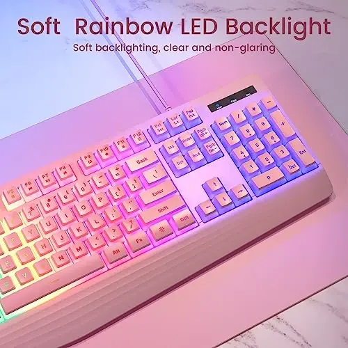 yesbeaut Pink Creamy Keyboard, Rainbow LED Backlit, 104 Keys Silent Light Up Gaming Keyboard with Wrist Rest, PBT Keycap, Anti-ghosting, Waterproof USB Wired Computer Keyboard for PC Mac Xbox - 2