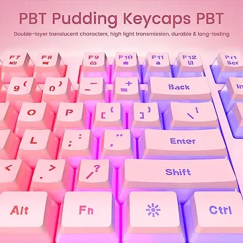 yesbeaut Pink Creamy Keyboard, Rainbow LED Backlit, 104 Keys Silent Light Up Gaming Keyboard with Wrist Rest, PBT Keycap, Anti-ghosting, Waterproof USB Wired Computer Keyboard for PC Mac Xbox - 3