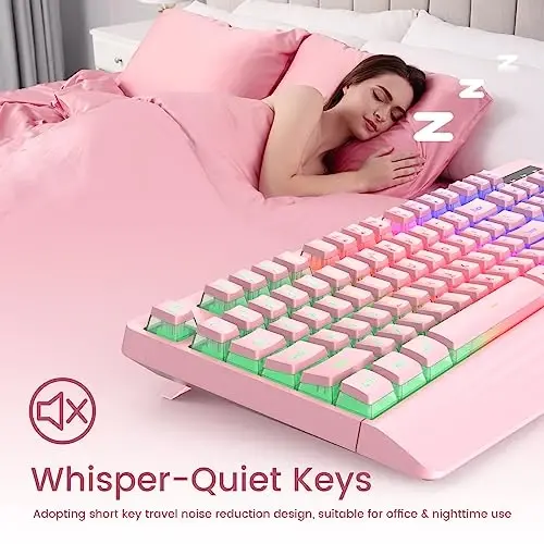 yesbeaut Pushti Kremsi Klaviatura, Rainbow LED Orqa yoritgichi, 104 ta Kalitli Jim Yorug'likli O'yin Klaviatura Bilak uchun tayanch, PBT Kalit qopqog'i, Anti-ghosting, Suv o'tkazmaydigan USB simli Kompyuter Klaviatura PC Mac Xbox uchun - 4