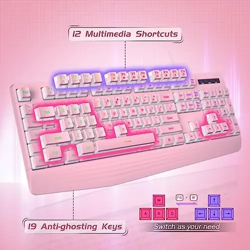 yesbeaut Pushti Kremsi Klaviatura, Rainbow LED Orqa yoritgichi, 104 ta Kalitli Jim Yorug'likli O'yin Klaviatura Bilak uchun tayanch, PBT Kalit qopqog'i, Anti-ghosting, Suv o'tkazmaydigan USB simli Kompyuter Klaviatura PC Mac Xbox uchun - 6