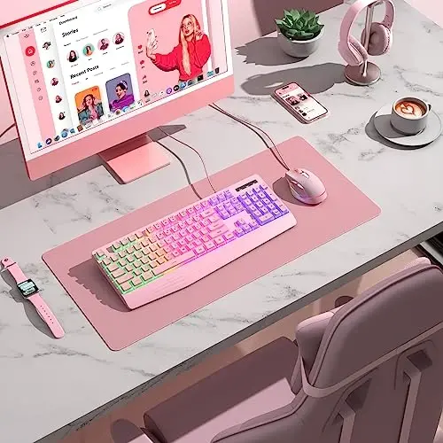 yesbeaut Pushti Kremsi Klaviatura, Rainbow LED Orqa yoritgichi, 104 ta Kalitli Jim Yorug'likli O'yin Klaviatura Bilak uchun tayanch, PBT Kalit qopqog'i, Anti-ghosting, Suv o'tkazmaydigan USB simli Kompyuter Klaviatura PC Mac Xbox uchun - 7