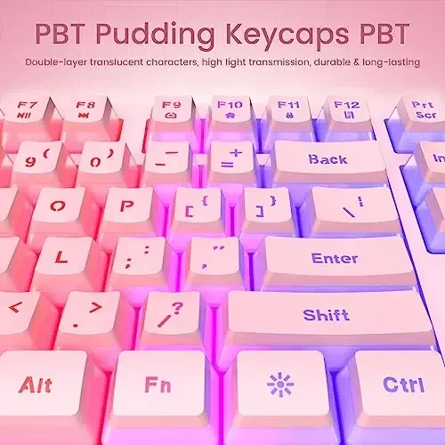 yesbeaut Pushti Kremsi Klaviatura, Rainbow LED Orqa yoritgichi, 104 ta Kalitli Jim Yorug'likli O'yin Klaviatura Bilak uchun tayanch, PBT Kalit qopqog'i, Anti-ghosting, Suv o'tkazmaydigan USB simli Kompyuter Klaviatura PC Mac Xbox uchun - 3