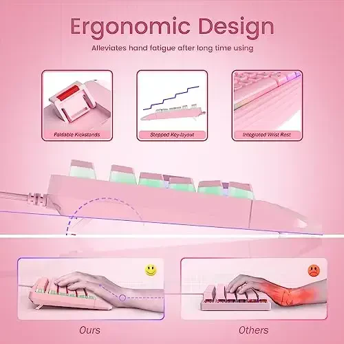 yesbeaut Pushti Kremsi Klaviatura, Rainbow LED Orqa yoritgichi, 104 ta Kalitli Jim Yorug'likli O'yin Klaviatura Bilak uchun tayanch, PBT Kalit qopqog'i, Anti-ghosting, Suv o'tkazmaydigan USB simli Kompyuter Klaviatura PC Mac Xbox uchun - 5