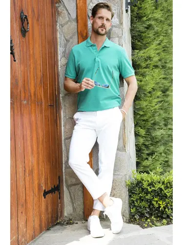 Yeşil %100 Pamuk Düğmeli Regular Fit Polo Tişört 5902127-Yeşil - 3