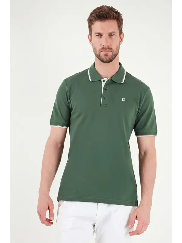 Yeşil % 100 Pamuk Düğmeli Slim Fit Erkek Polo Yaka T Shirt 5902118-Yeşil - 5