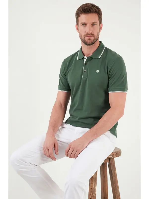 Yeşil % 100 Pamuk Düğmeli Slim Fit Erkek Polo Yaka T Shirt 5902118-Yeşil - 6