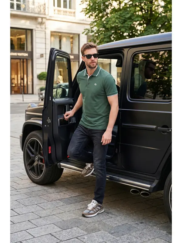 Yeşil % 100 Pamuk Düğmeli Slim Fit Erkek Polo Yaka T Shirt 5902118-Yeşil - LC WAIKIKI
