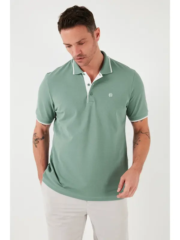 Yeşil %100 Pamuk Düğmeli Standart Fit Erkek Polo Yaka Tişört 5902118-Yeşil - 1