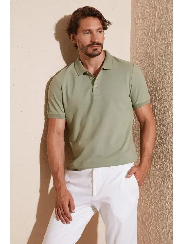 Yeşil % 100 Pamuk Regular Fit Düğmeli Erkek Polo Yaka T Shirt 5902127-Yeşil 