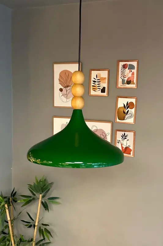 Yeşil Ahşap Boncuklu Tekli Avize Sarkıt Salon Mutfak Butik Lamba Aydınlatma - Yeşil - 3