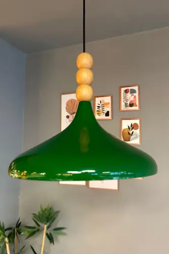 Yeşil Ahşap Boncuklu Tekli Avize Sarkıt Salon Mutfak Butik Lamba Aydınlatma - Yeşil - 4