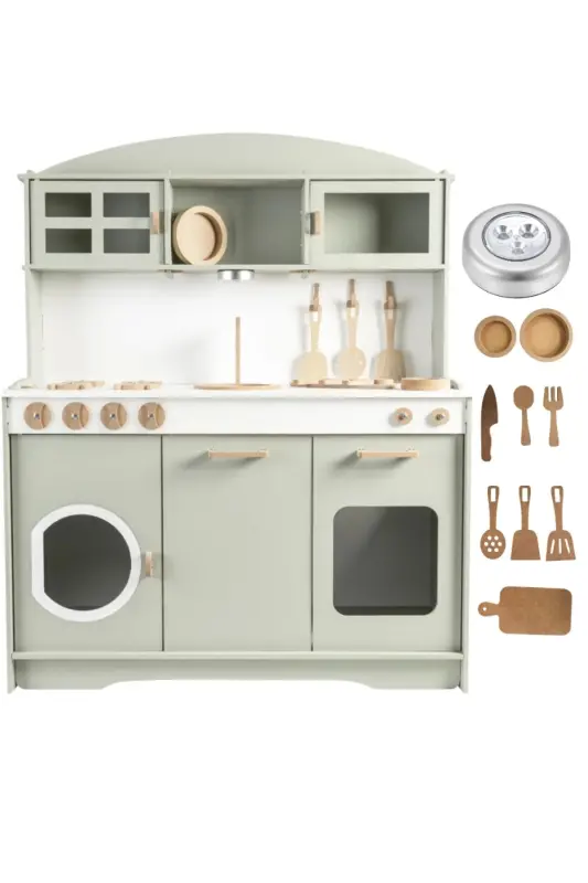 Ahşap Oyuncak Mutfak Seti Led Işık Hediyeli Çocuklar Için Eğitici Rol-Yeşil - HOBBY HOUSE