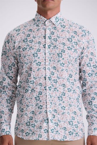 Yeşil Çiçek Desenli Yaka Düğmeli Comfort Fit Gömlek - 3