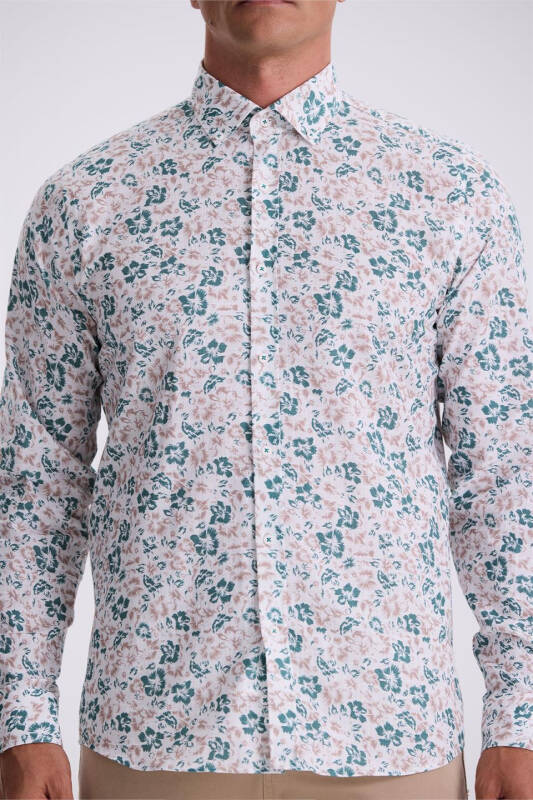 Yeşil Çiçek Desenli Yaka Düğmeli Comfort Fit Gömlek - 3