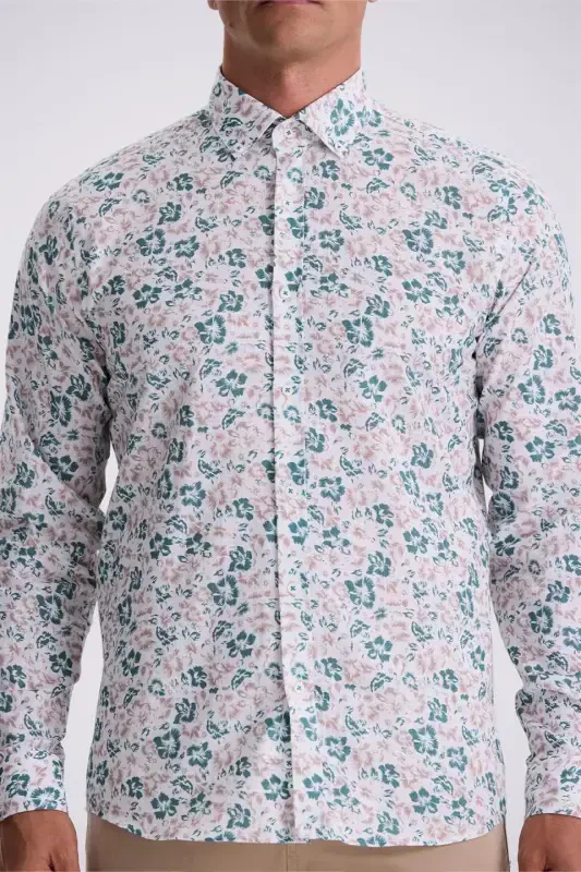 Yeşil Çiçek Desenli Yaka Düğmeli Comfort Fit Gömlek - 3