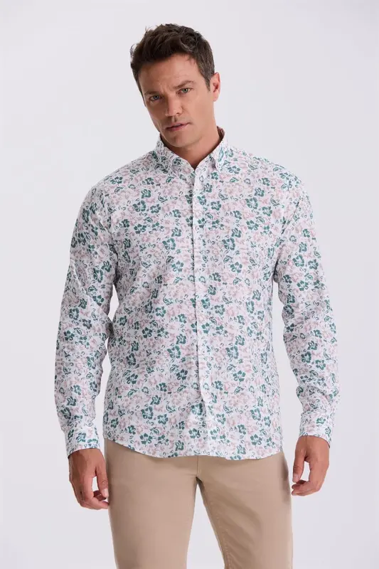Yeşil Çiçek Desenli Yaka Düğmeli Comfort Fit Gömlek - JAKAMEN