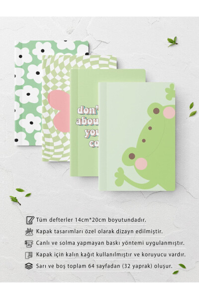 Yeşil Çizgisiz Defter Seti - 4 Adet - 14cm*20cm - 64 Sayfa - 2