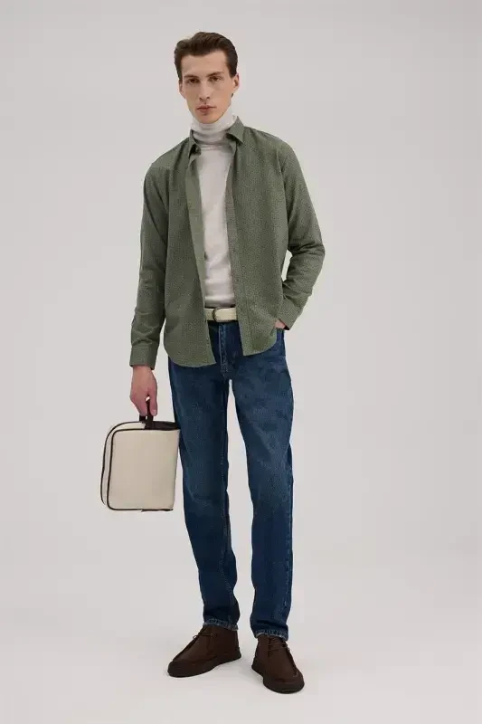 Yeşil Comfort Fit Desenli Pamuklu Düğmeli Yaka Gömlek - 1