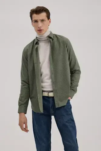 Yeşil Comfort Fit Desenli Pamuklu Düğmeli Yaka Gömlek - 2