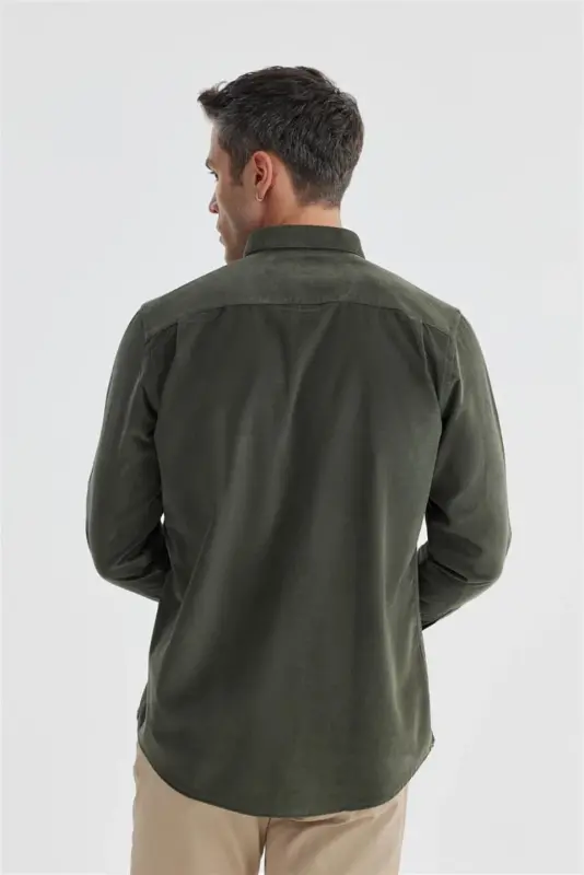 Yeşil Comfort Fit Düğmeli Yaka %100 Pamuklu Kadife Gömlek - 4