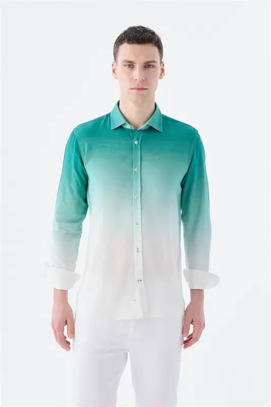 Yeşil Comfort Fit Düğmeli Yaka Kolay Ütülenebilir Gömlek - 1