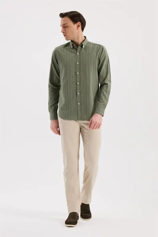 Yeşil Comfort Fit Düğmeli Yaka Pamuklu Gömlek - 2