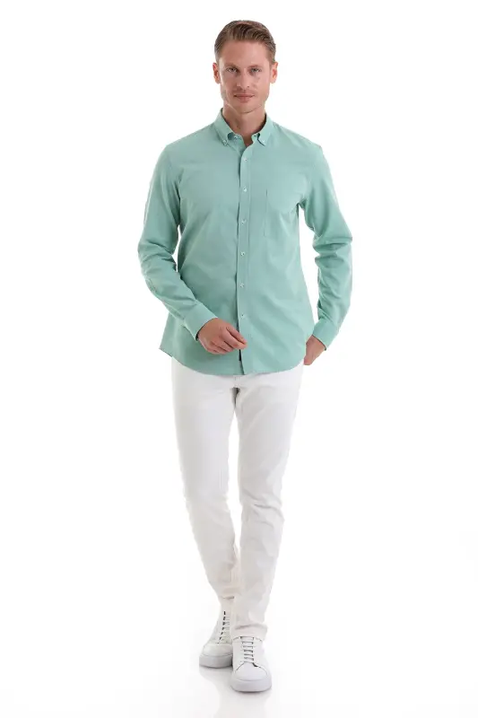 Yeşil Comfort Fit Düz 100% Pamuk Düğmeli Yaka Uzun Kollu Casual Oxford Gömlek-Yeşil - 2