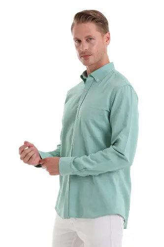 Yeşil Comfort Fit Düz 100% Pamuk Düğmeli Yaka Uzun Kollu Casual Oxford Gömlek-Yeşil - 5