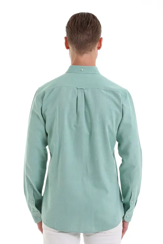 Yeşil Comfort Fit Düz 100% Pamuk Düğmeli Yaka Uzun Kollu Casual Oxford Gömlek-Yeşil - 6
