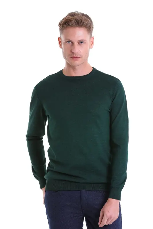 Yeşil Comfort Fit Düz Bisiklet Yaka Yünlü Yün Kazak-Yeşil - HATEMOĞLU