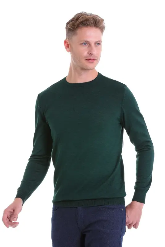 Yeşil Comfort Fit Düz Bisiklet Yaka Yünlü Yün Kazak-Yeşil - 2