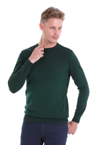 Yeşil Comfort Fit Düz Bisiklet Yaka Yünlü Yün Kazak-Yeşil - 3