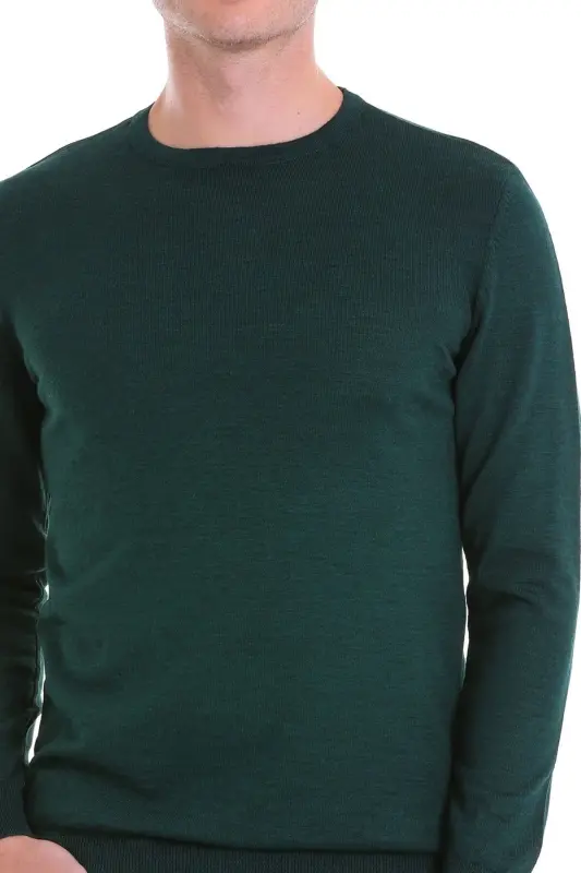 Yeşil Comfort Fit Düz Bisiklet Yaka Yünlü Yün Kazak-Yeşil - 5