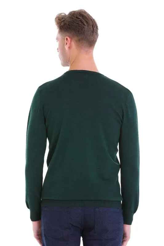 Yeşil Comfort Fit Düz Bisiklet Yaka Yünlü Yün Kazak-Yeşil - 6