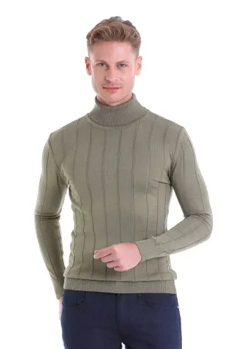 Yeşil Comfort Fit Fitilli Balıkçı Yaka Yünlü Yün Kazak-Yeşil 