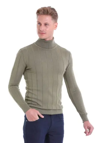 Yeşil Comfort Fit Fitilli Balıkçı Yaka Yünlü Yün Kazak-Yeşil - 2