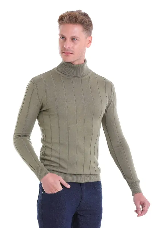 Yeşil Comfort Fit Fitilli Balıkçı Yaka Yünlü Yün Kazak-Yeşil - 2