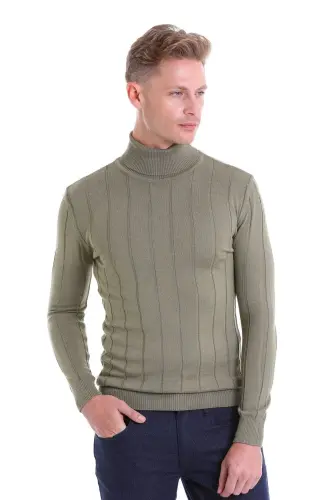 Yeşil Comfort Fit Fitilli Balıkçı Yaka Yünlü Yün Kazak-Yeşil - 3