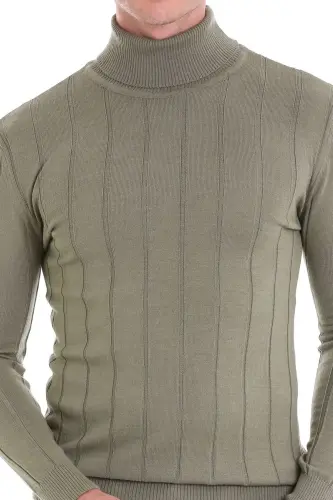 Yeşil Comfort Fit Fitilli Balıkçı Yaka Yünlü Yün Kazak-Yeşil - 5