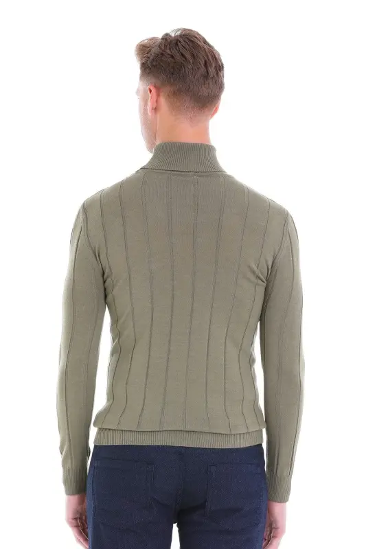 Yeşil Comfort Fit Fitilli Balıkçı Yaka Yünlü Yün Kazak-Yeşil - 6