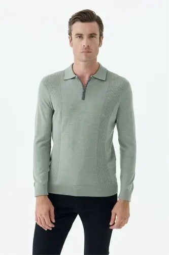 Yeşil Comfort Fit Merinos Yünlü Fermuarlı Polo Yaka Triko - Jakamen (1)