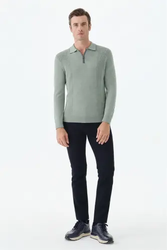 Yeşil Comfort Fit Merinos Yünlü Fermuarlı Polo Yaka Triko - 1